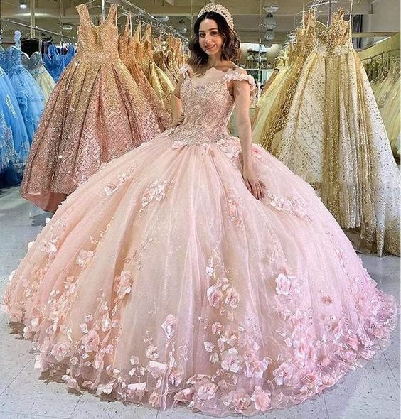 Stunning Off The Shoulder 3D Floral Flower Patterned Ball Gown Quinceanera Dresses V Neck Sweet 16 Pink Prom Dress fg1518