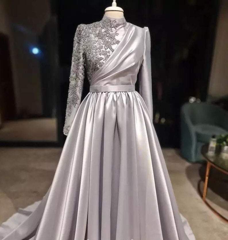 Silver Prom Dress Long Sleeves Dubai Evening Dresses Muslim Women Wedding Party Gowns fg1493