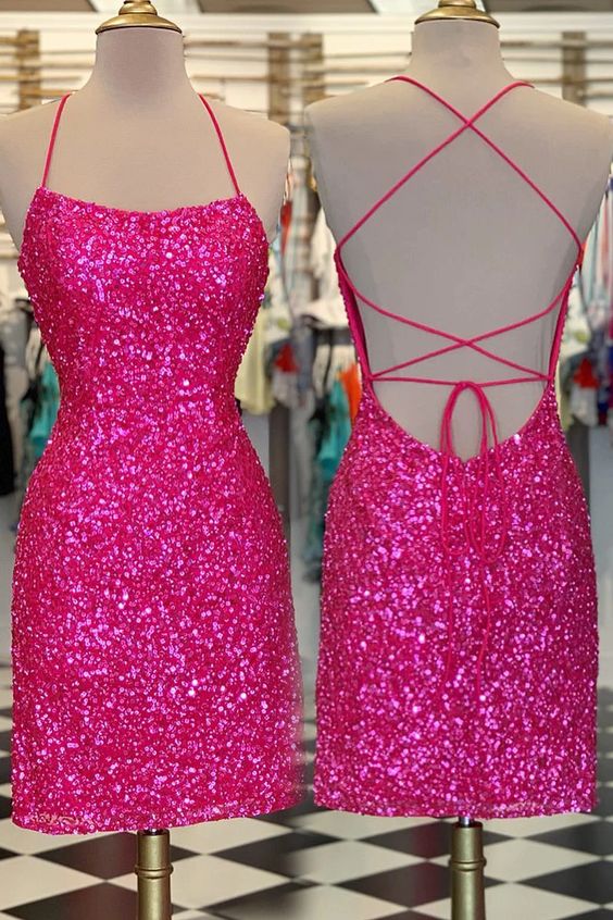 Neon Pink Sequin Bodycon Mini Homecoming Dresses fg1555