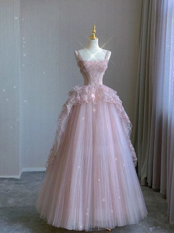Pink tulle lace long prom dress, pink evening dress fg3281