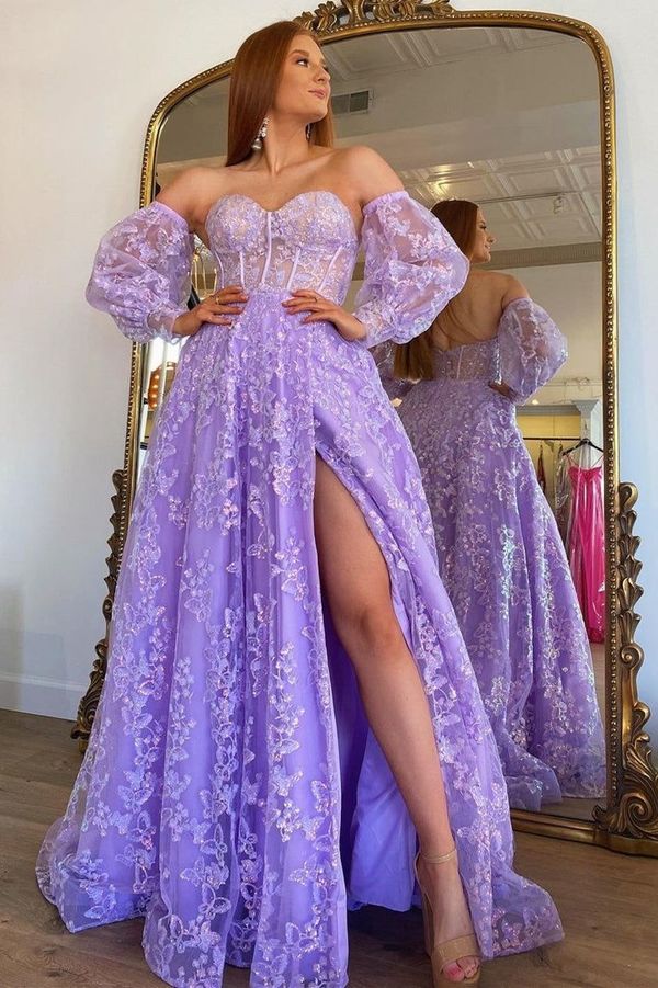 Sparkle Princess Lavender Bustier Puffy Sleeves Lace Long Prom Gown fg3266