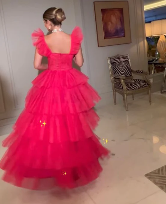 Pink tulle prom dresses long evening dress fg2453