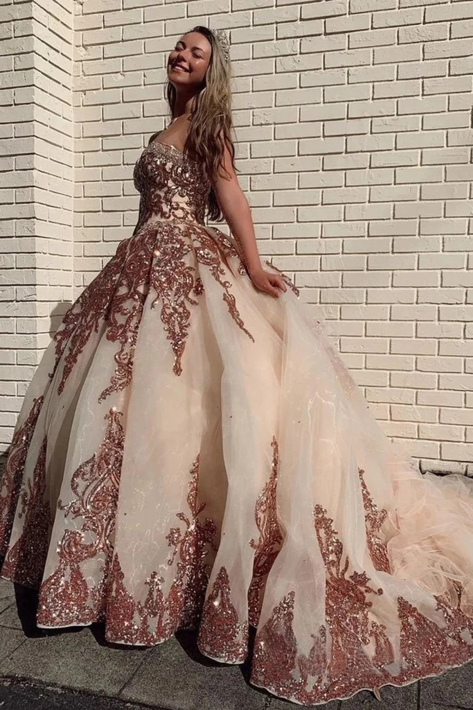 Champagne Tulle Rosewood Appliques Sweetheart Neckline Sweetheart Ball Gown Quinceanera Dresses Prom Dresses fg2497