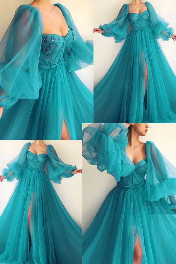 Puff Sleeve Prom Dresses Side Slit A Line Evening Gowns fg2116