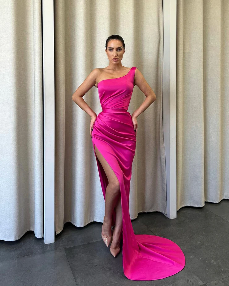 Charming Mermaid One Shoulder Hot Pink Satin Long Prom Dresses with Slit fg2348