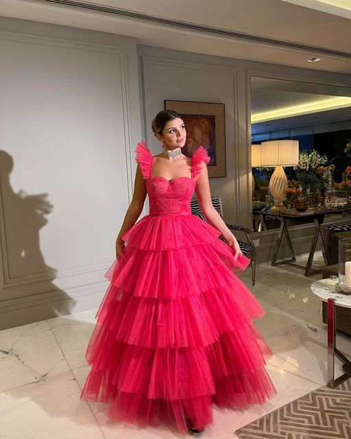 Pink tulle prom dresses long evening dress fg2453