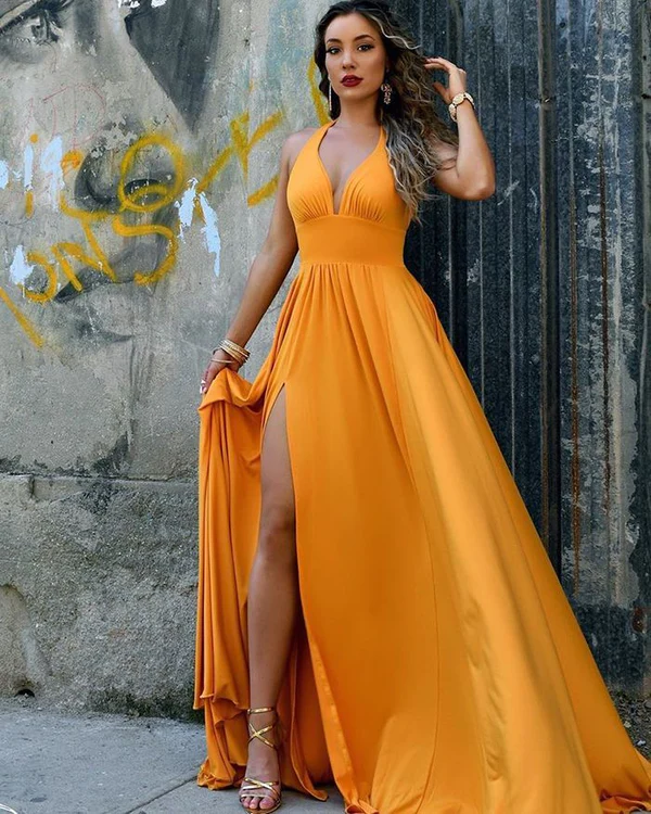 Halter Sweetheart A Line Side Slit Backless Long Gold Prom Dresses fg3069