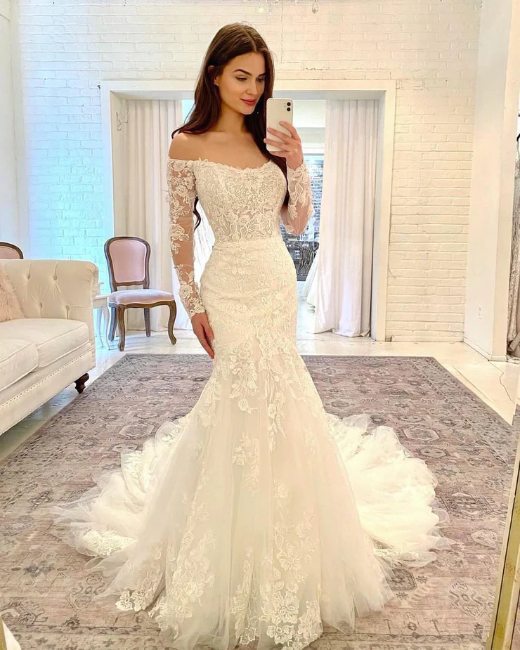 Elegant Mermaid Off the Shoulder Sleeves Lace Wedding Dresses with Appliques fg2352