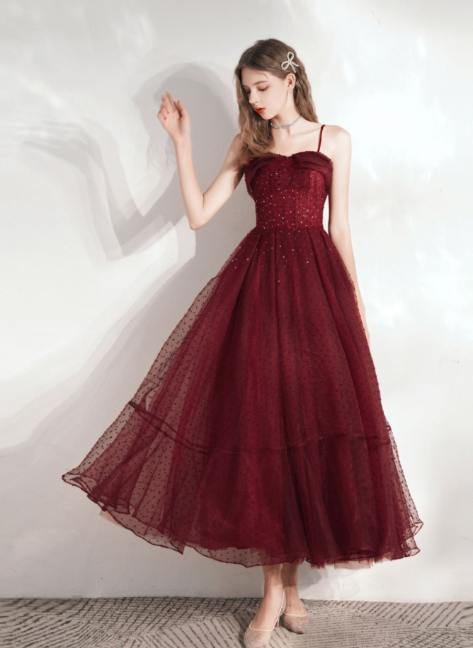 Burgundy sweetheart tulle tea length prom dress fg2804