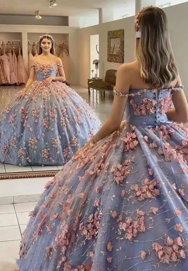 Ball Gown Off The Shoulder Prom Dress With Flowers, Gorgeous Long Quinceanera Dress fg1691