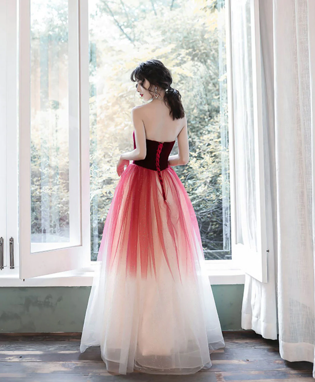 A-Line Tulle Burgundy Long Prom Dresses, Burgundy Formal Party Dress fg2234