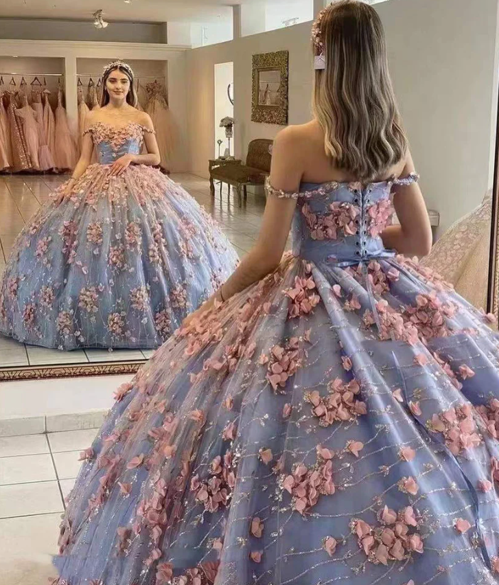 Ball Gown Off The Shoulder Prom Dress With Flowers, Gorgeous Long Quinceanera Dress fg1691