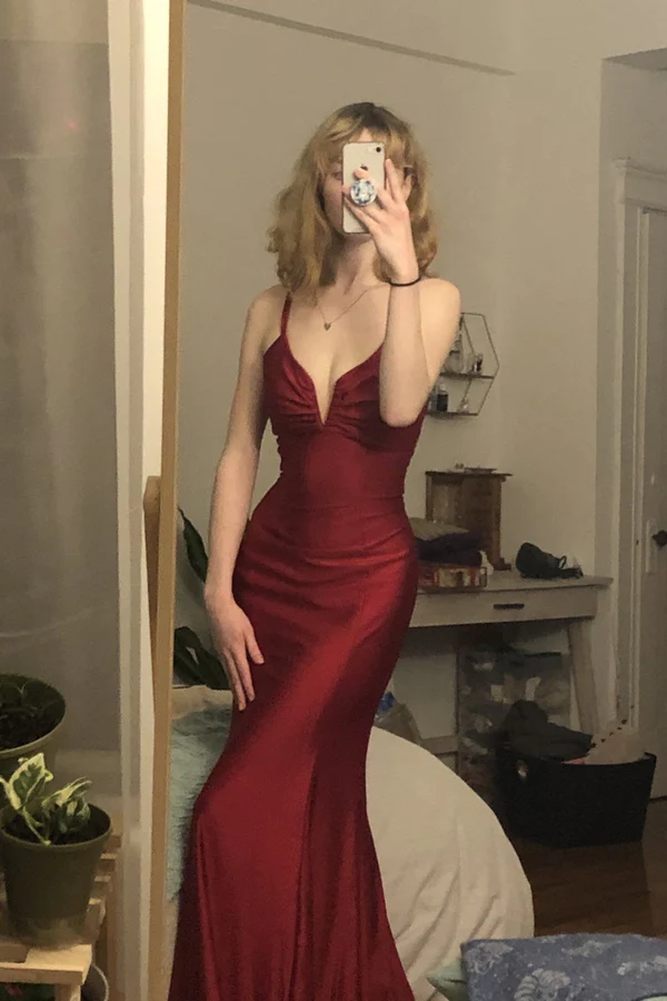 Burgundy mermaid long prom evening dress fg3068