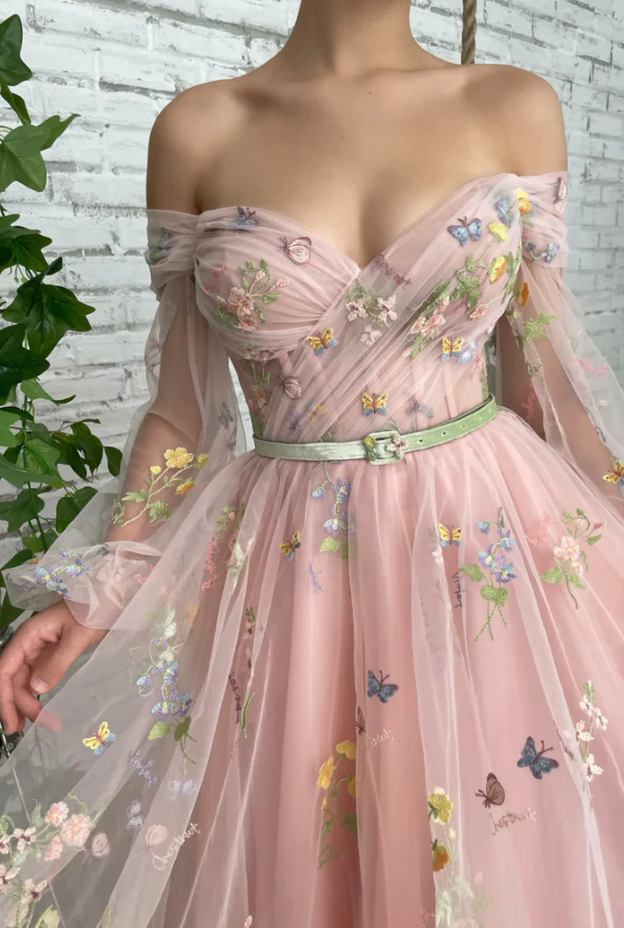 Pink tulle lace short prom dress off shoulder evening dress fg1497