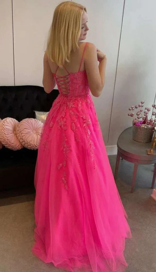 Hot Pink A Line Tulle Lace Appliques Long Prom Dress, Gorgeous Formal Gown fg1463