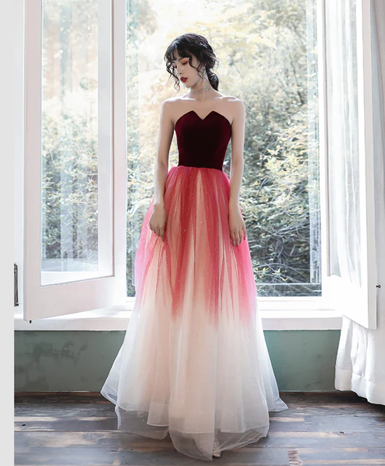 A-Line Tulle Burgundy Long Prom Dresses, Burgundy Formal Party Dress fg2234