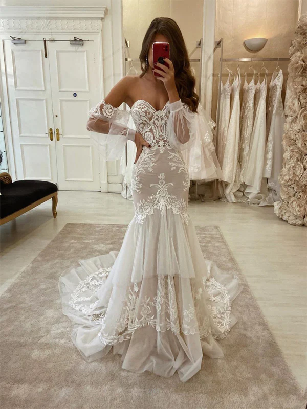 Charming Mermaid Lace Vintage Fashion Modest Wedding Dresses fg2559
