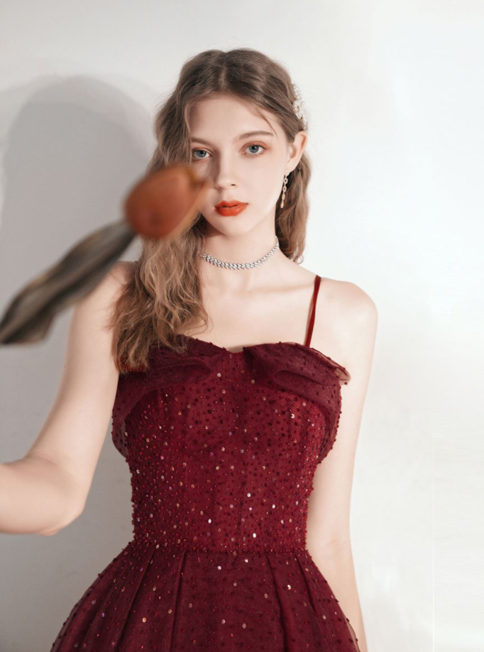 Burgundy sweetheart tulle tea length prom dress fg2804