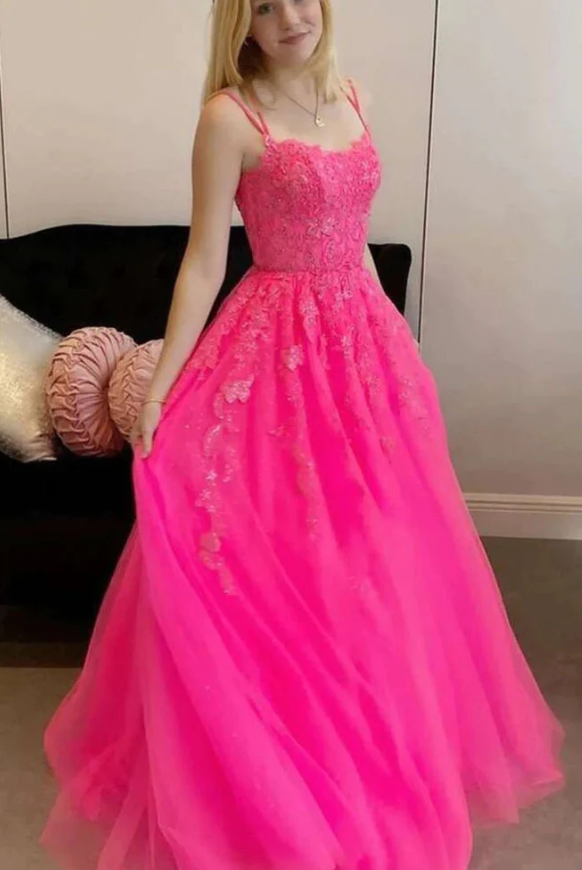 Hot Pink A Line Tulle Lace Appliques Long Prom Dress, Gorgeous Formal Gown fg1463