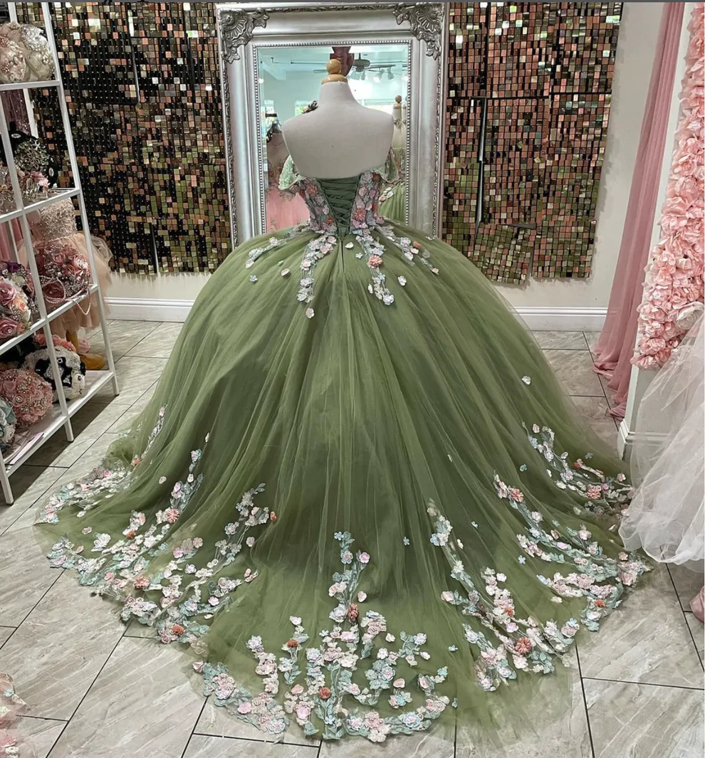 Off The Shoulder Tulle Ball Gown Sweet 16 Dress With Flowers fg2051