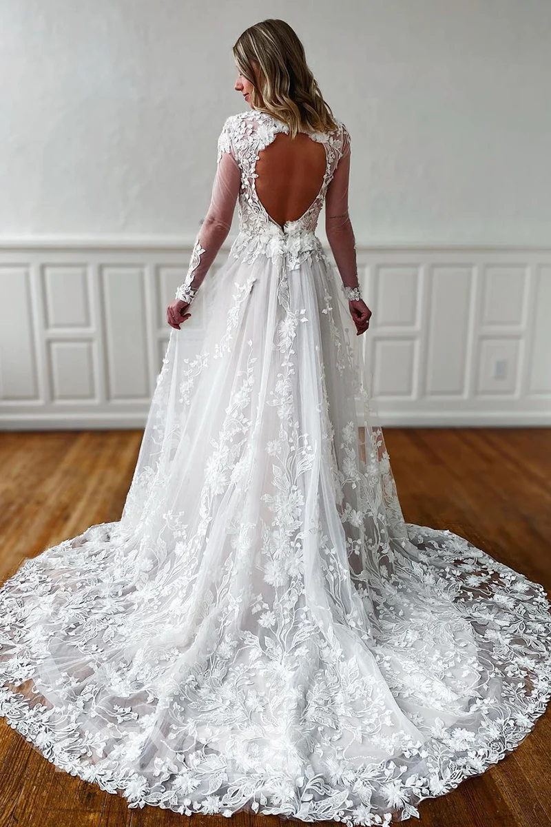 PLUNGING V-NECK SHEER LONG SLEEVES LACE WEDDING DRESS fg1955