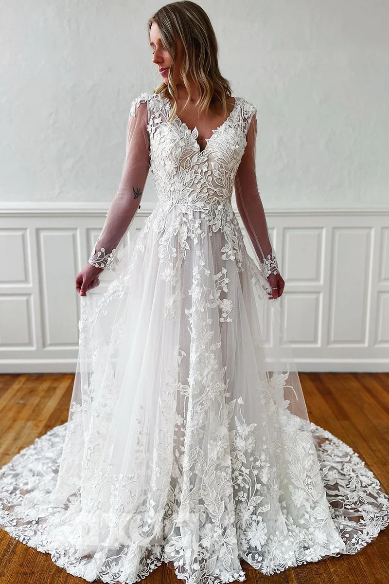 PLUNGING V-NECK SHEER LONG SLEEVES LACE WEDDING DRESS fg1955