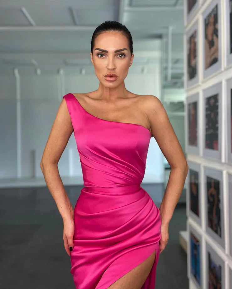 Charming Mermaid One Shoulder Hot Pink Satin Long Prom Dresses with Slit fg2348