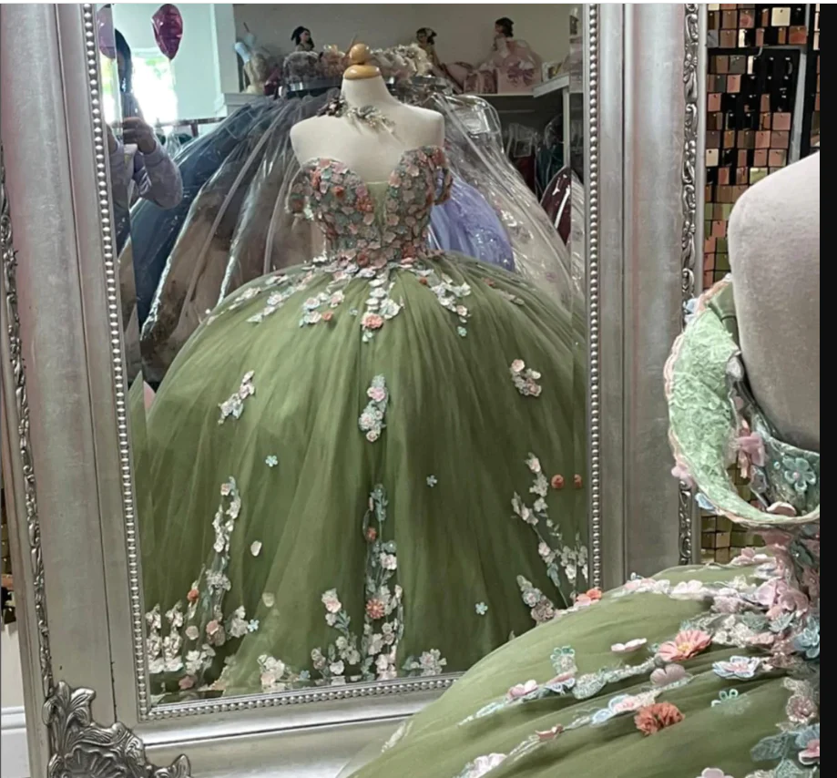 Off The Shoulder Tulle Ball Gown Sweet 16 Dress With Flowers fg2051