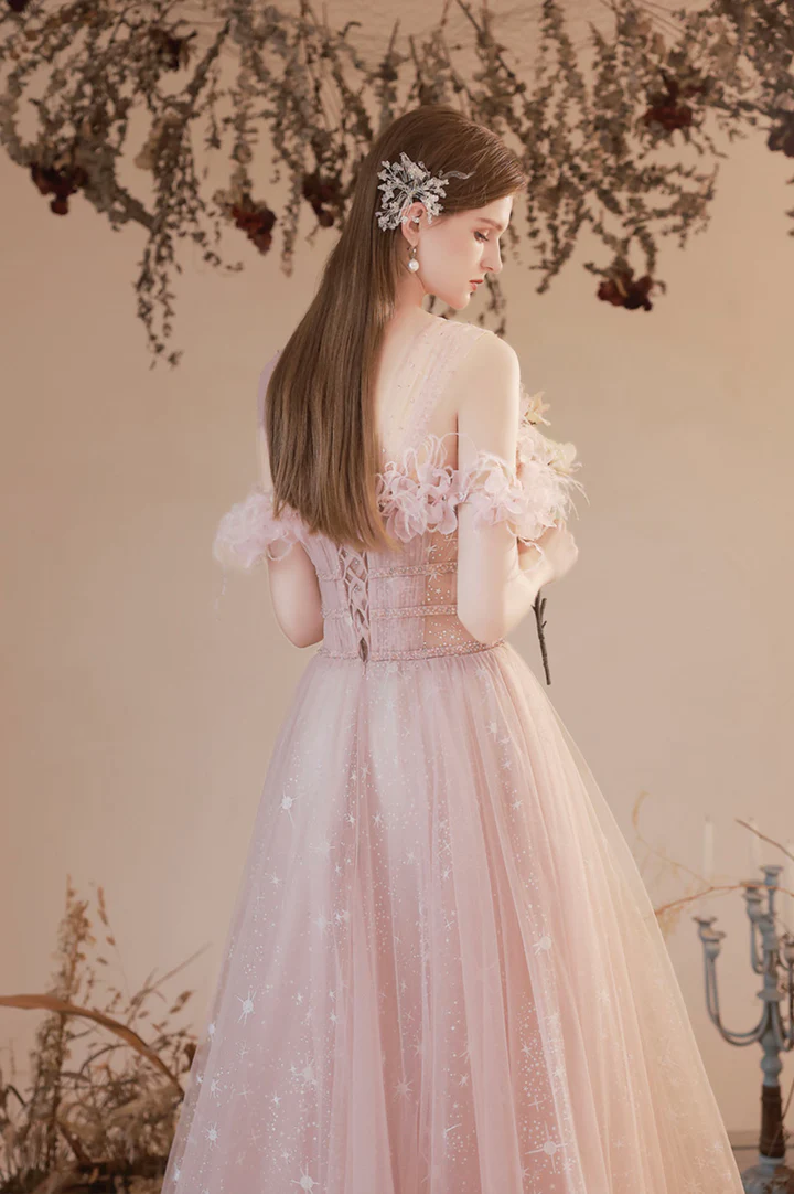 Pink tulle long prom dress A-line evening dress fg2222