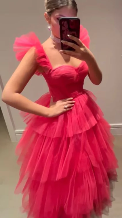 Pink tulle prom dresses long evening dress fg2453