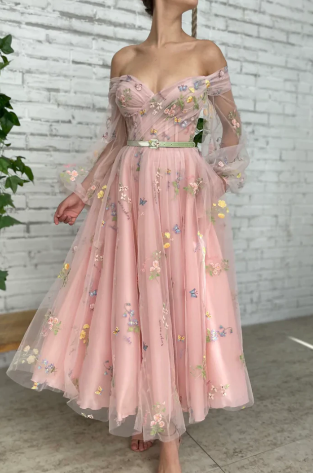 Pink tulle lace short prom dress off shoulder evening dress fg1497