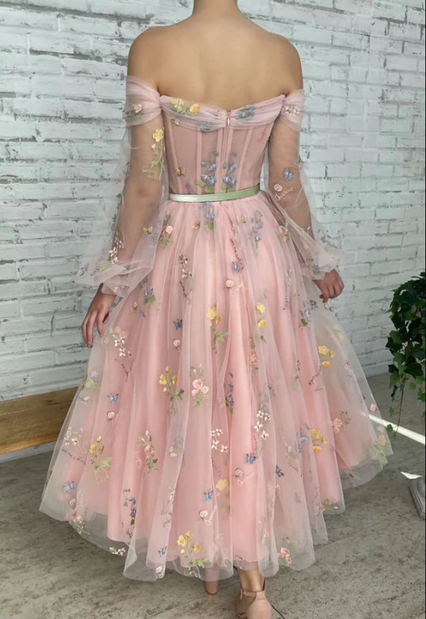 Pink tulle lace short prom dress off shoulder evening dress fg1497