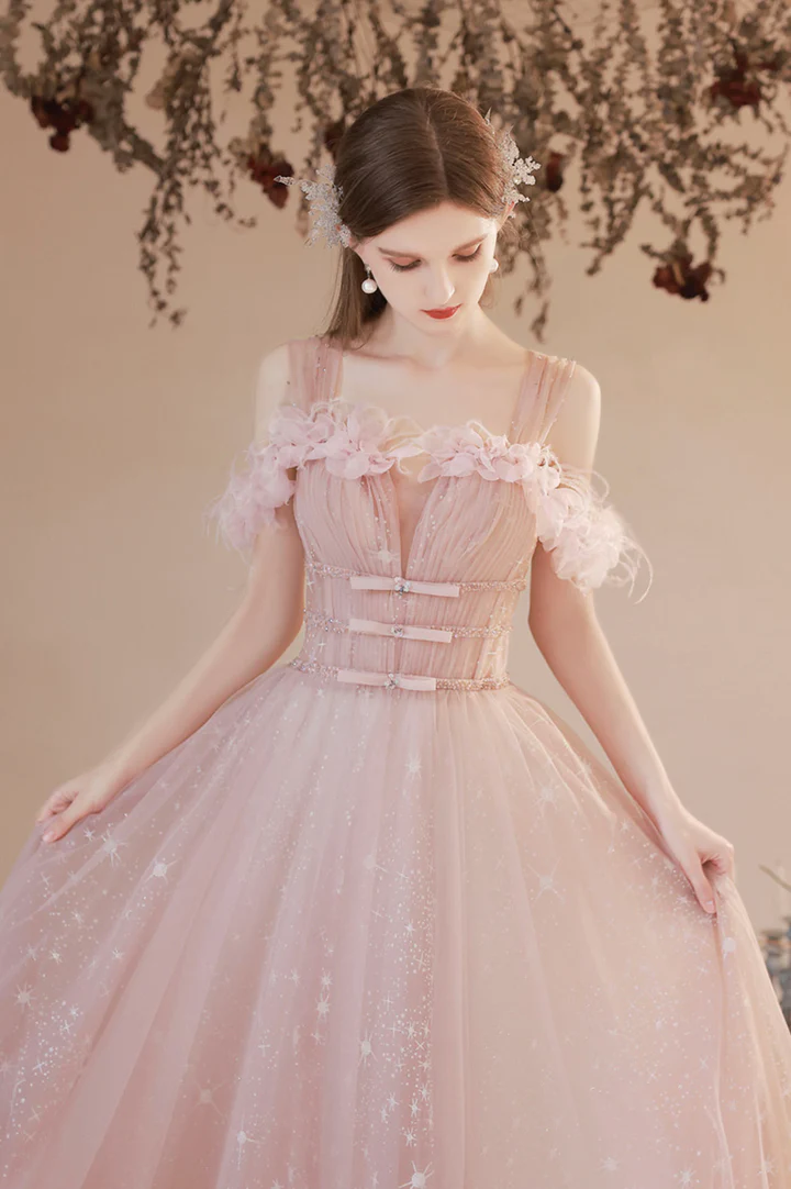 Pink tulle long prom dress A-line evening dress fg2222
