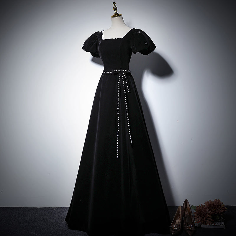 evening dress spring black puff sleeve long birthday dress prom dress fg132