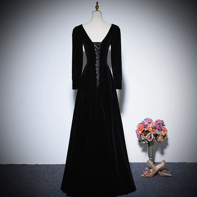Black velvet evening dress long-sleeved party gowns prom dress fg156