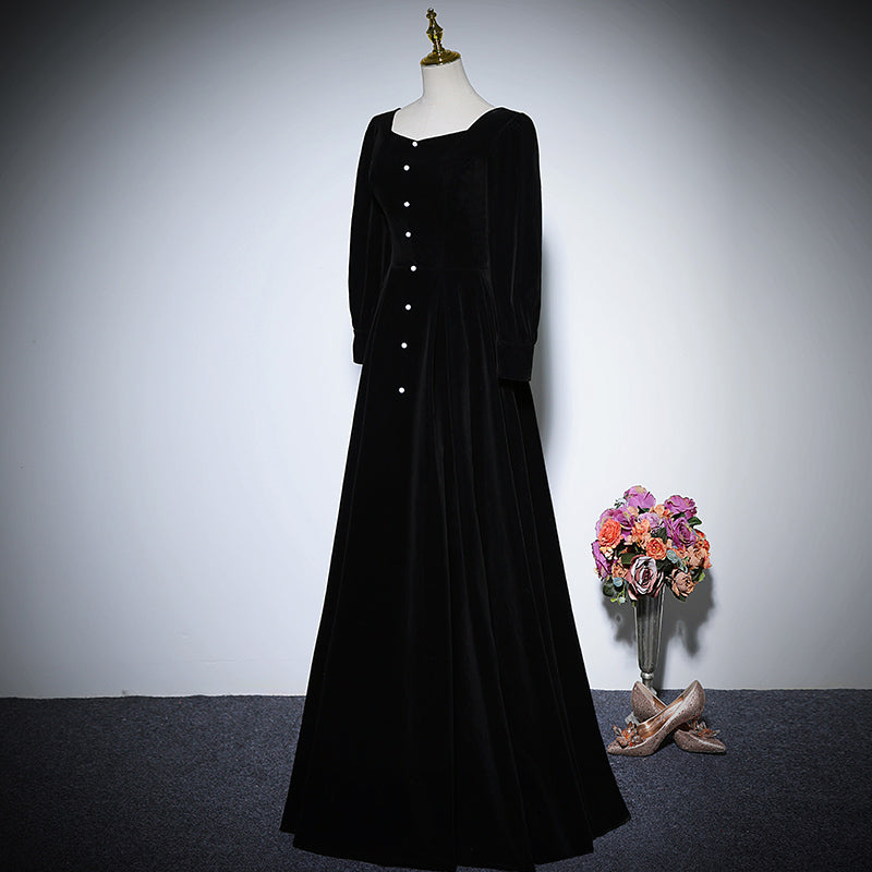 Black velvet evening dress long-sleeved party gowns prom dress fg156