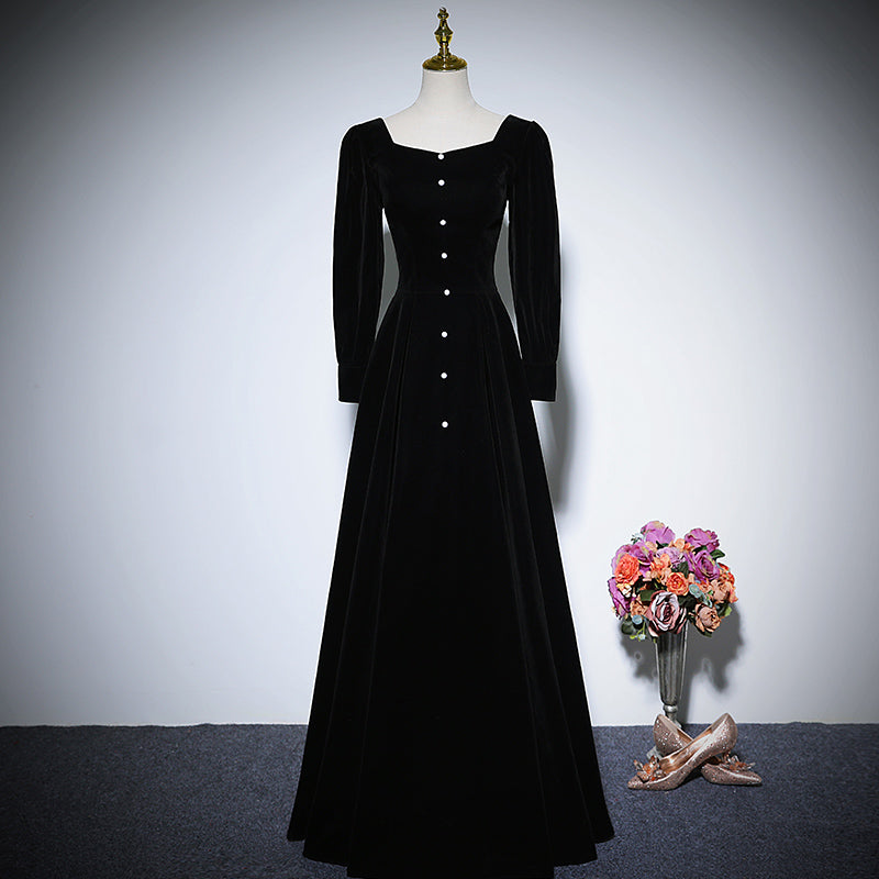 Black velvet evening dress long-sleeved party gowns prom dress fg156