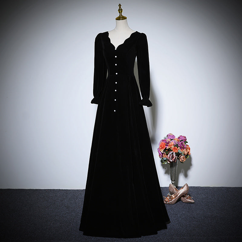 New black long-sleeved velvet dress prom dress fg158