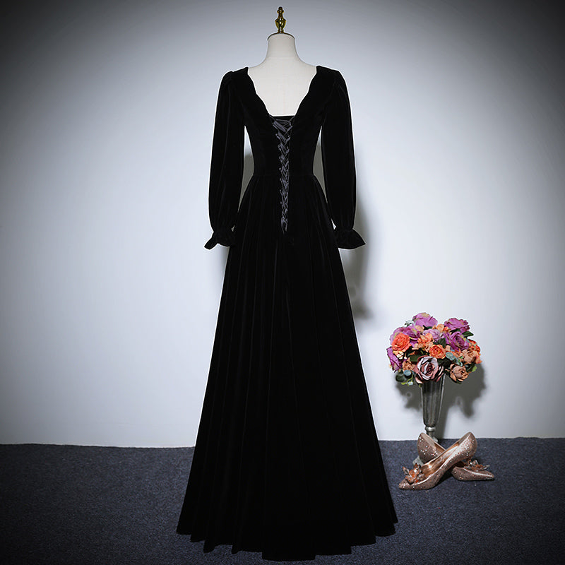 New black long-sleeved velvet dress prom dress fg158
