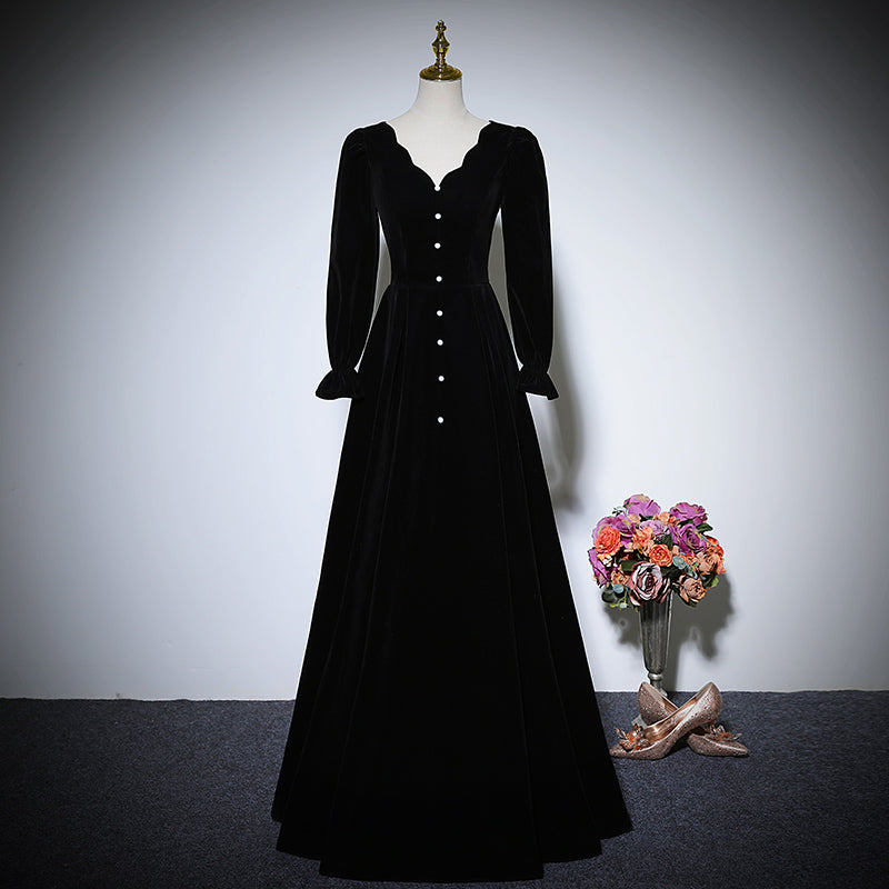 New black long-sleeved velvet dress prom dress fg158