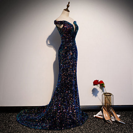 Simple Mermaid Prom Dresses Navy Blue Sequin Evening Dress fg230