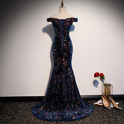 Simple Mermaid Prom Dresses Navy Blue Sequin Evening Dress fg230