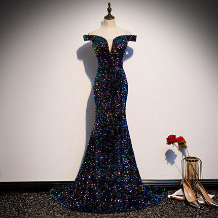 Simple Mermaid Prom Dresses Navy Blue Sequin Evening Dress fg230