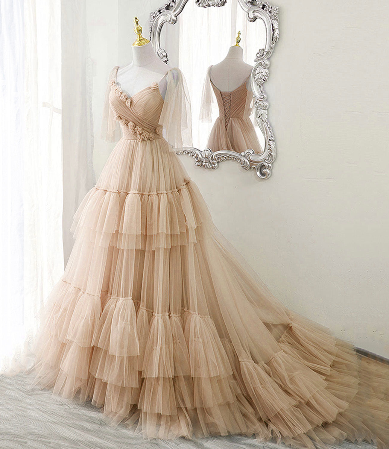 BLUE TULLE LONG A LINE PROM DRESS BLUE EVENING DRESS fg234