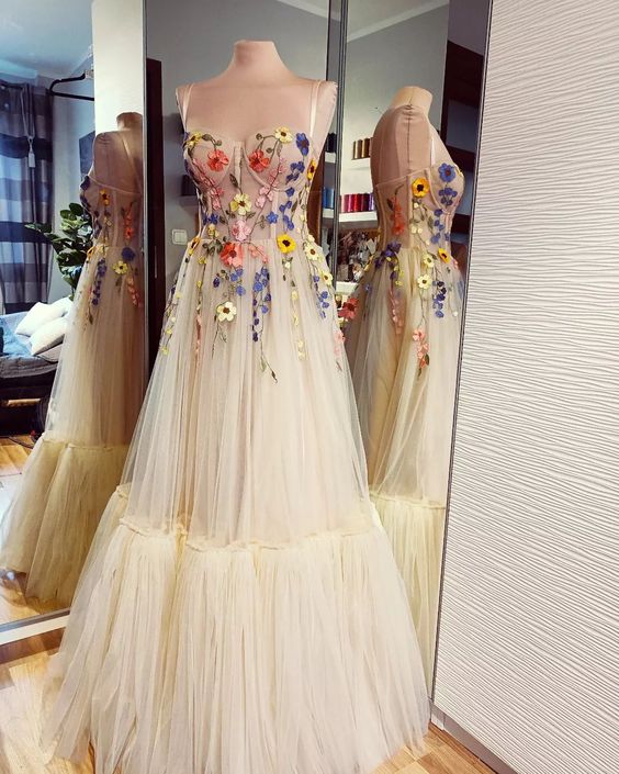 Light Champagne Evening Gowns Colorful Pattern Appliques Formal Party Dresses 3D Flowers Straps Prom Dress fg252