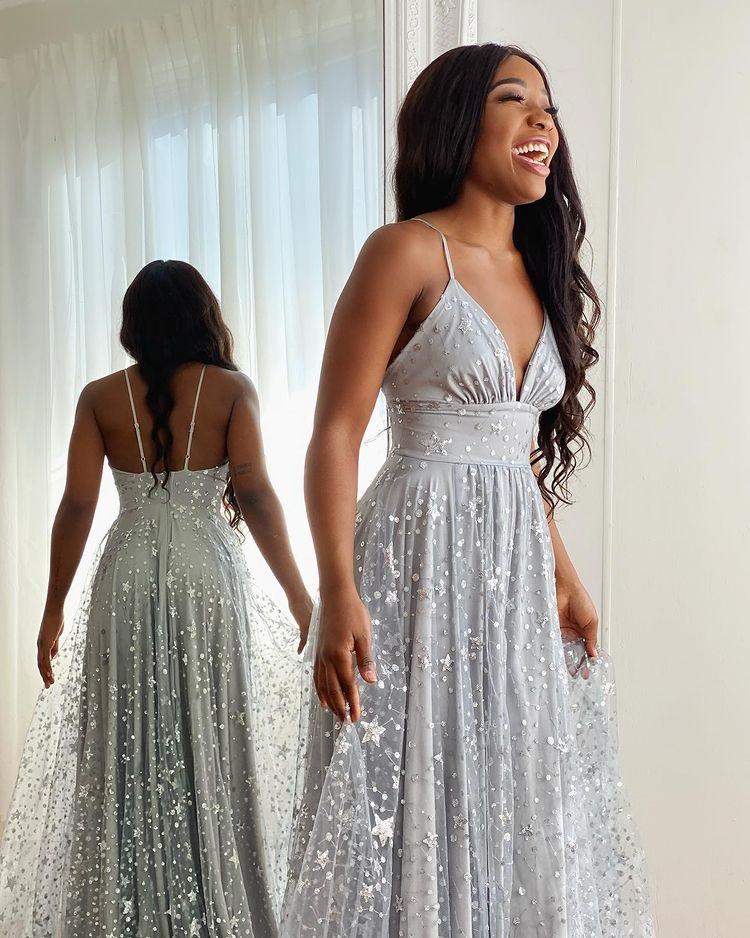 Spaghetti Straps Long Silver Tulle Prom Dress With Split fg290