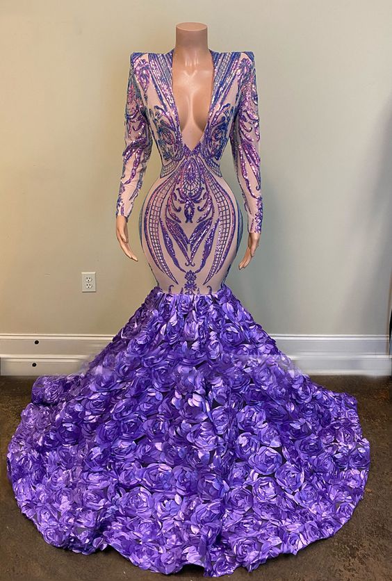 Sparkly purple evening dresses long sleeve v neck elegant mermaid modest sequin applique formal evening gown fg303