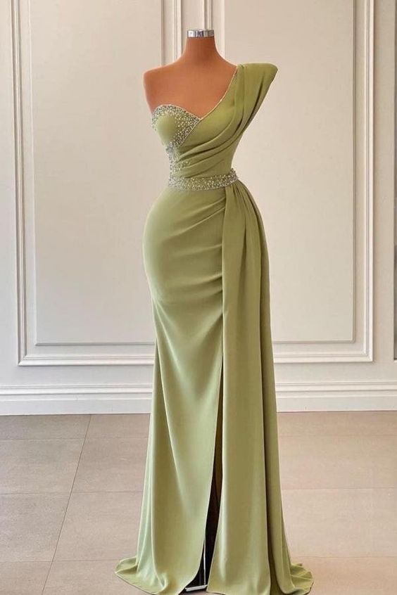 Sage Mermaid One-Shoulder Prom Dress Split With Beadings fg327