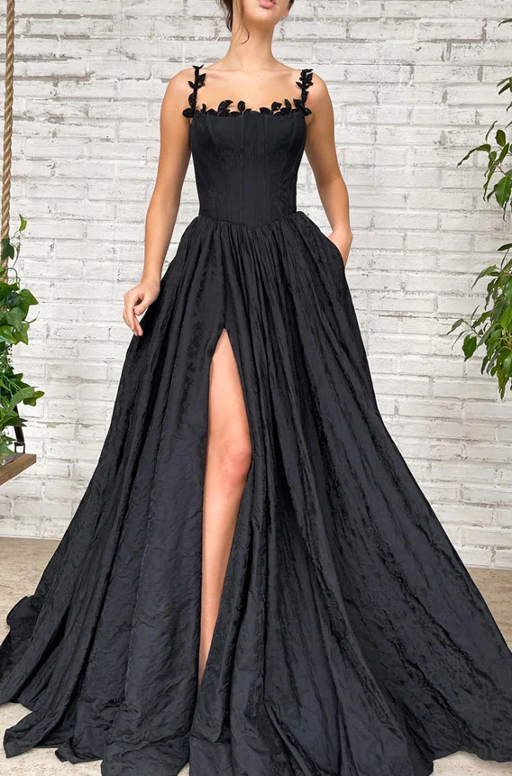 Black A Line Taffeta Long Prom Dress With Slit fg360