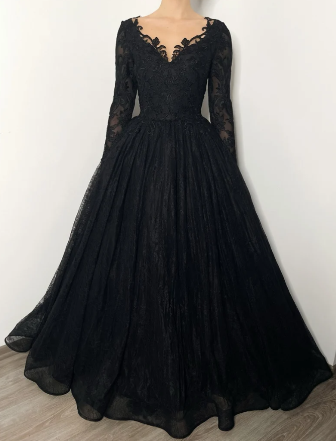 Black romantic wedding dress lace dress with buttons fg361